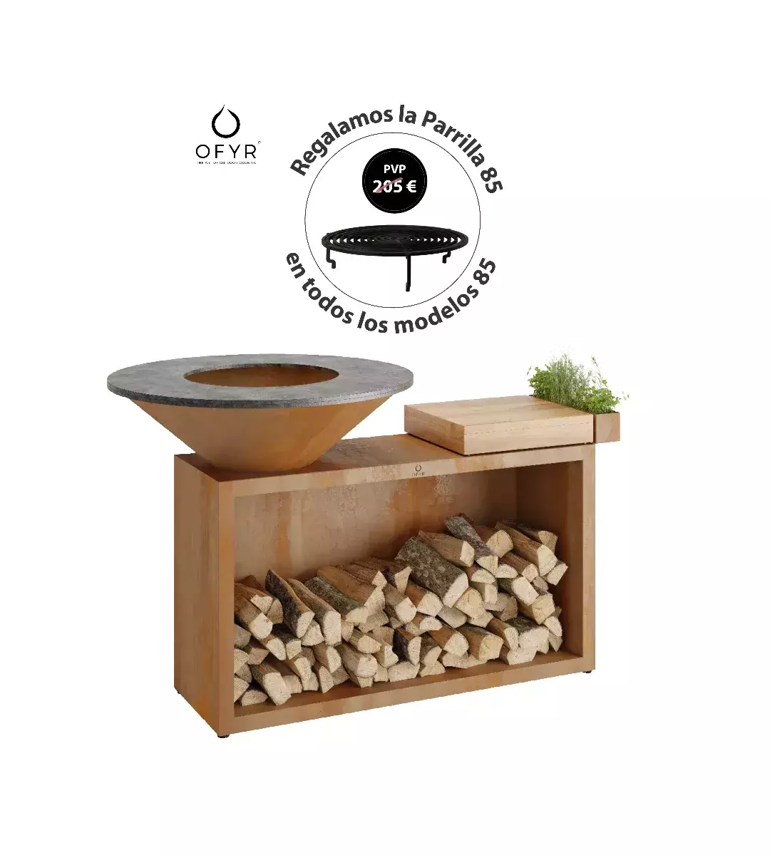 Espaço de armazenamento para barbecue a lenha - OFYR Isla Corten 85 Teakwood